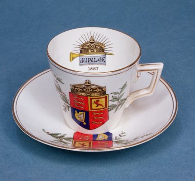 Plymouth porcelain cup and saucer commemorating the Jubilee of Queen Victoria by English School